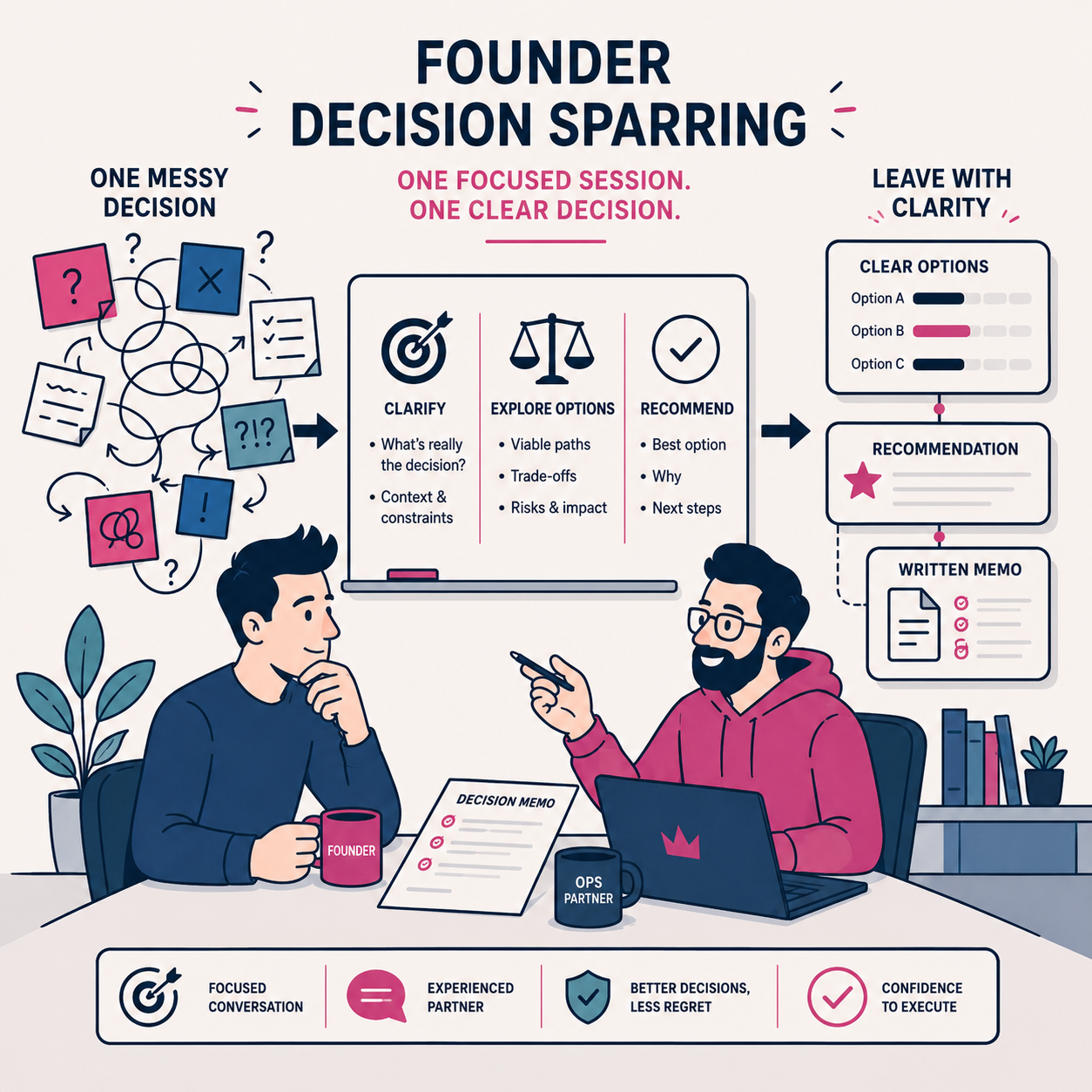 Founder Decision Sparring: clarify, explore options, and recommend a clear path forward