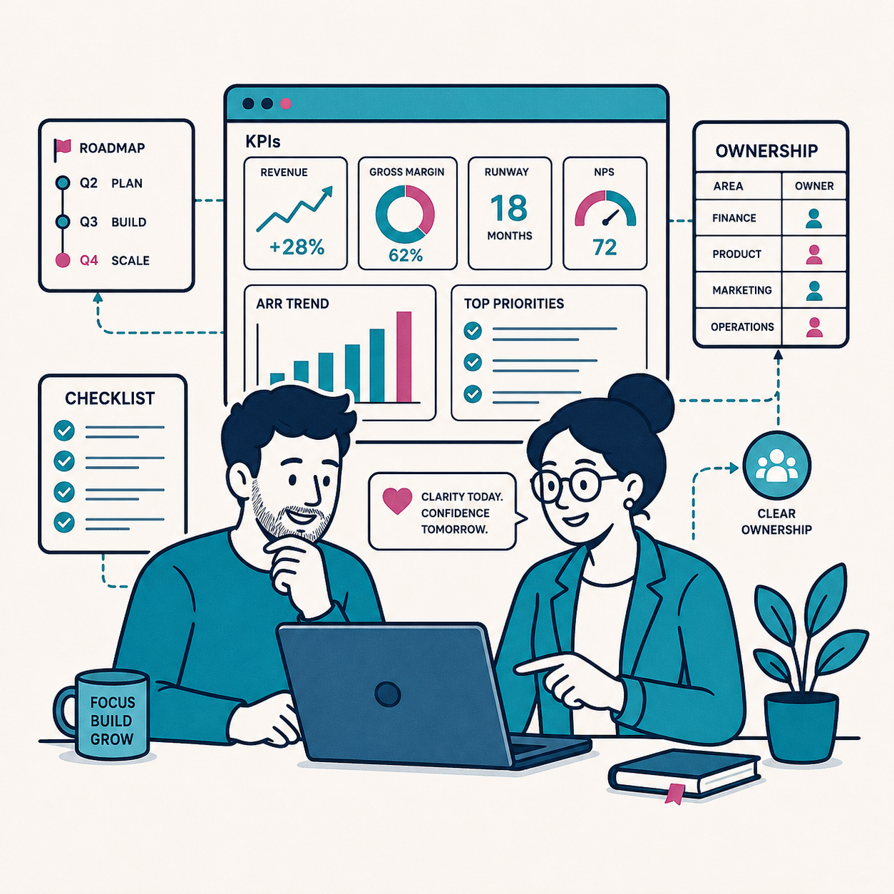 Founder and operator reviewing KPIs, ownership, and roadmap together